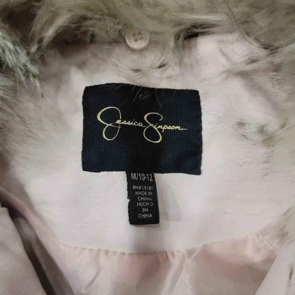 Jessica Simpson Pink Girls Tween Faux Leather Moto Jacket Removable Hood M 10-12